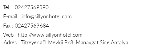 Sillyon Hotels & Resort telefon numaralar, faks, e-mail, posta adresi ve iletiim bilgileri